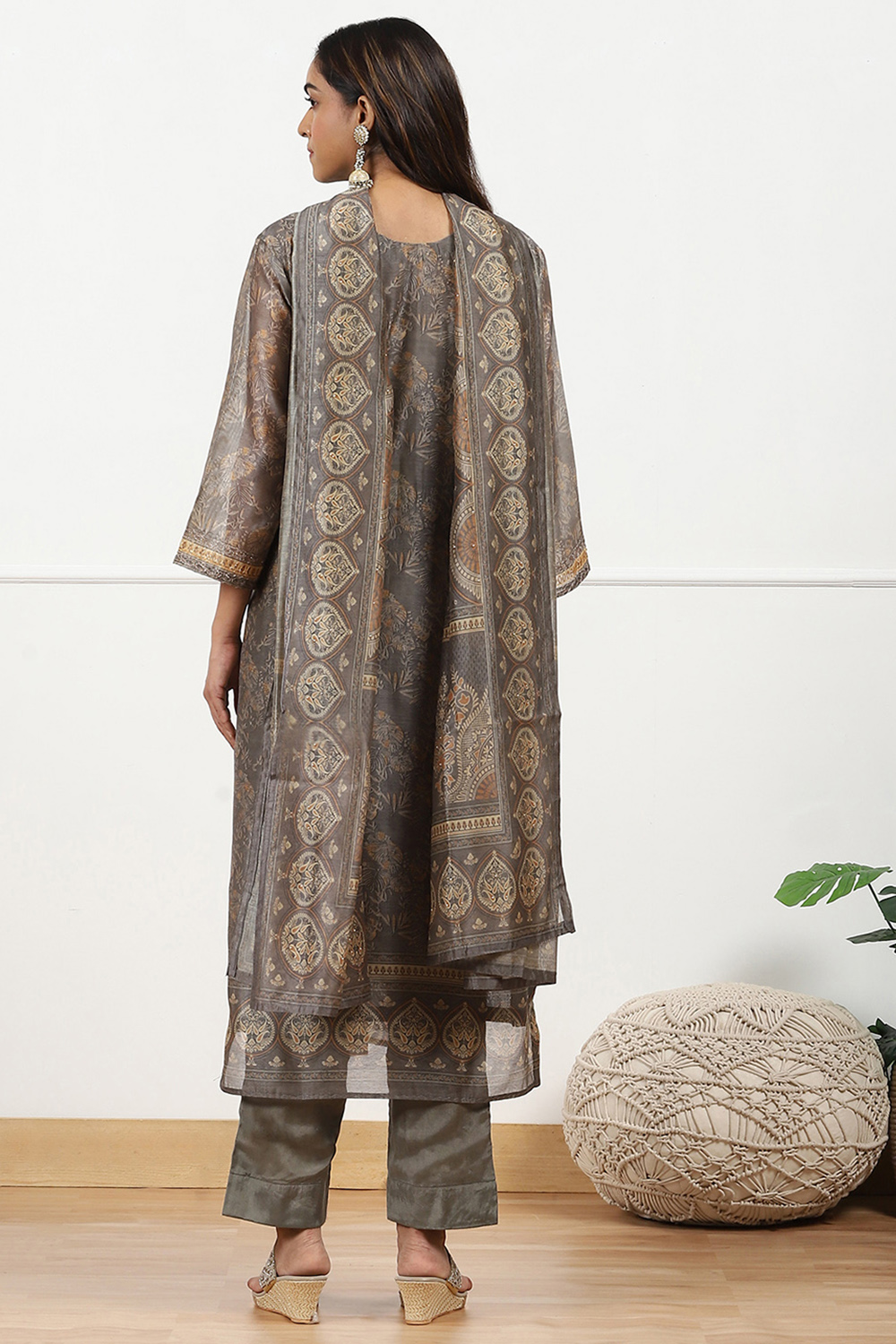 Grey Chanderi Printed Unstitched Suit Set image number 7