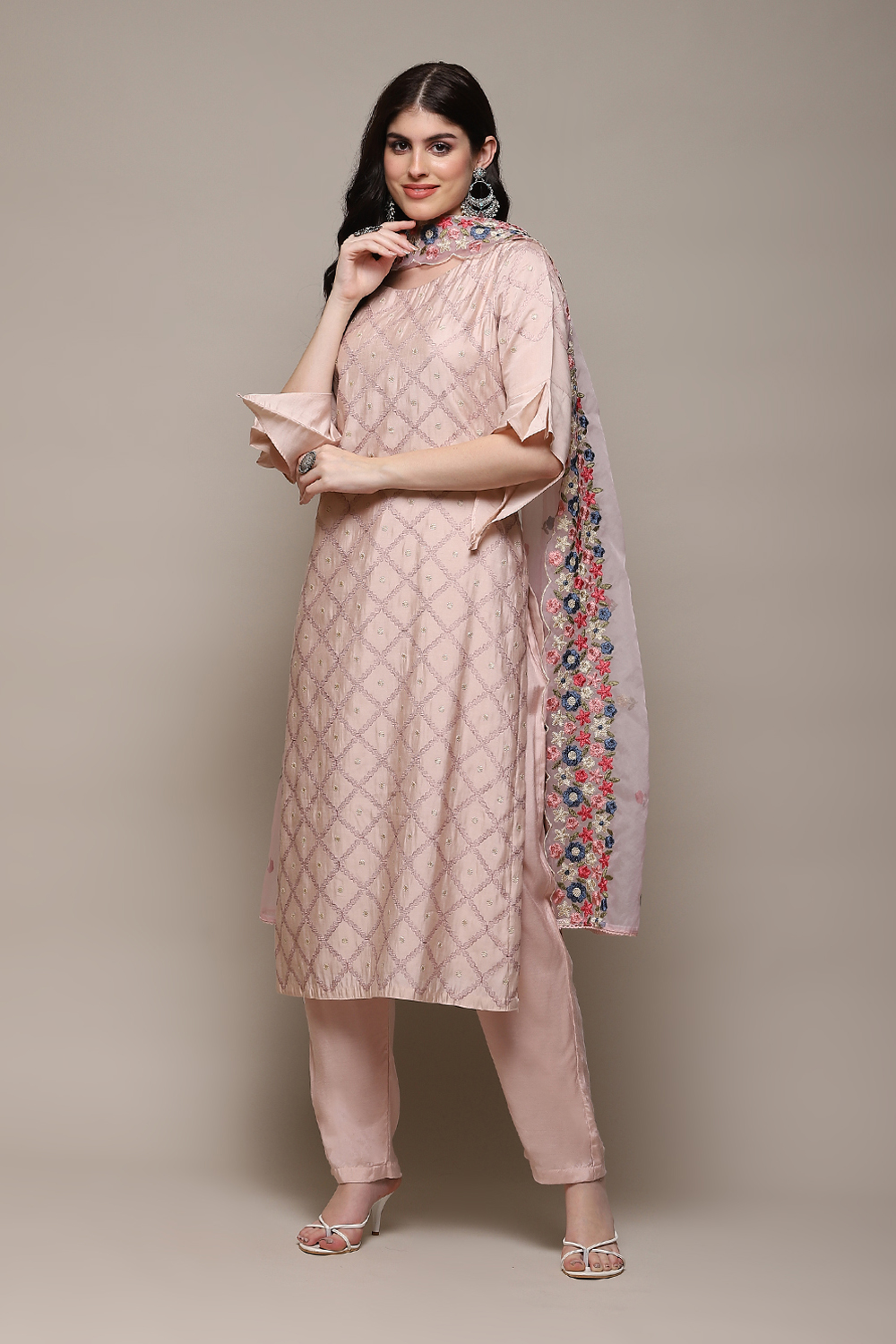 Light Pink Chanderi Blend Printed Unstitched Suit Set image number 6