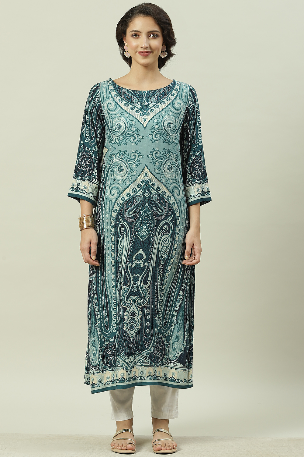 Teal Rayon Straight Printed Kurta image number 0