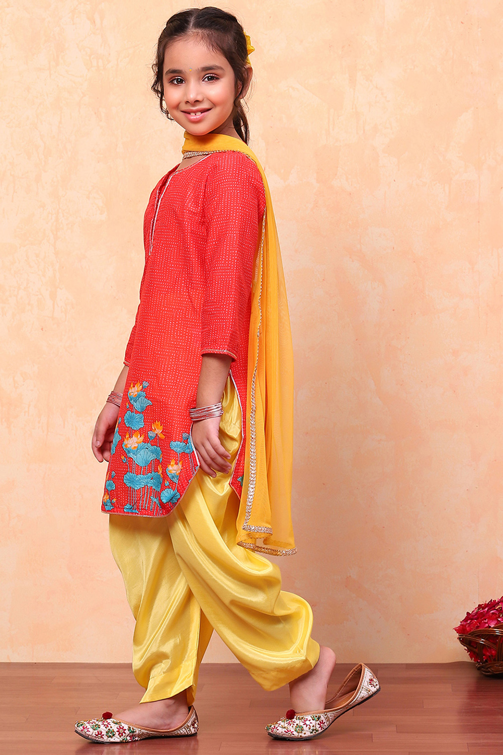 Red and Yellow Cotton Printed Straight Suit Set image number 4