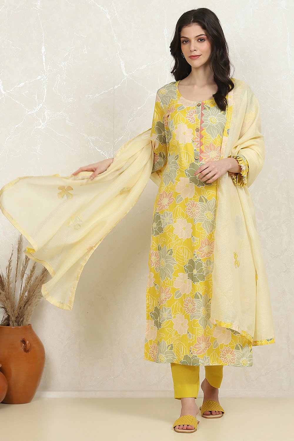 Yellow Cotton Printed Unstitched Suit Set image number 1