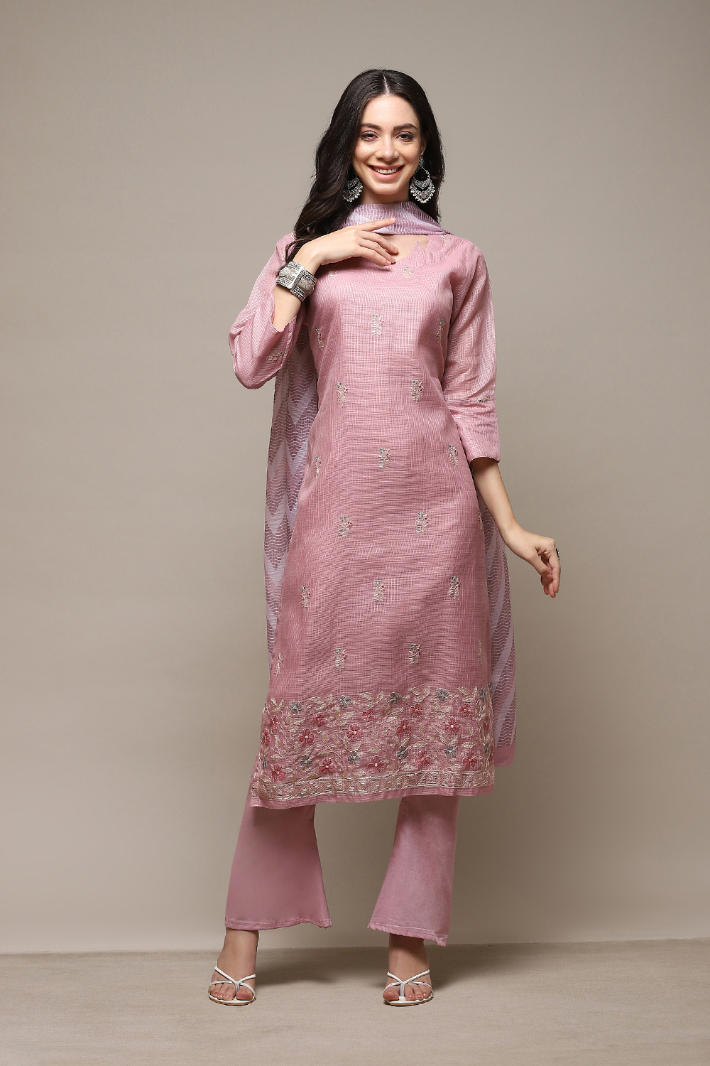 Pink Cotton Blend Printed Unstitched Suit Set image number 8