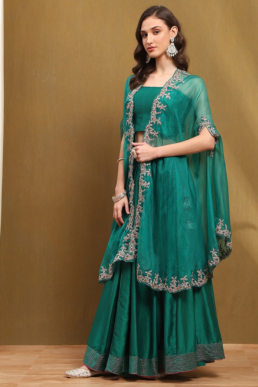 Green Silk Chanderi Festive Flared Lehenga Set image number 4