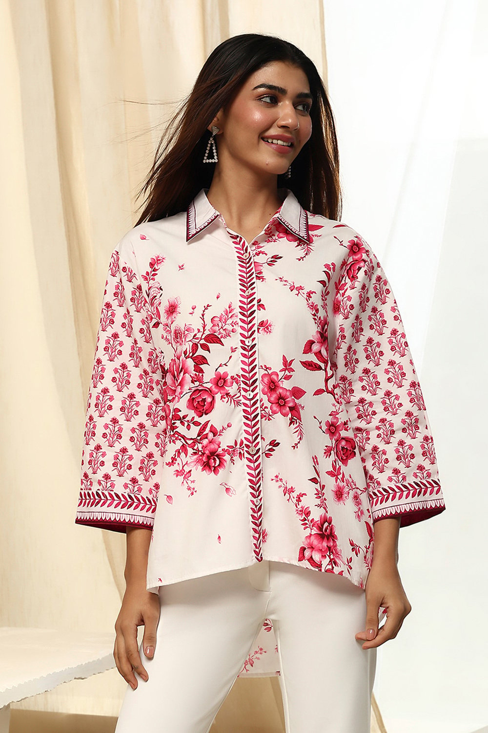 White-Pink Cotton Straight Printed Shirt image number 5