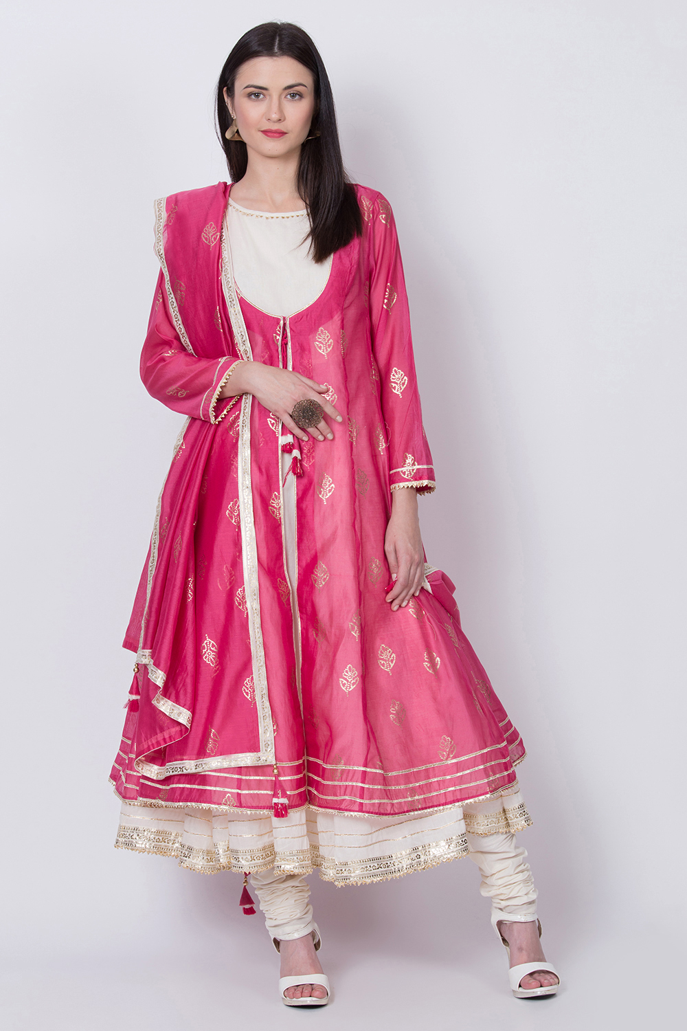 Pink Poly Cotton Front Open Kurta Churidar Suit Set image number 3