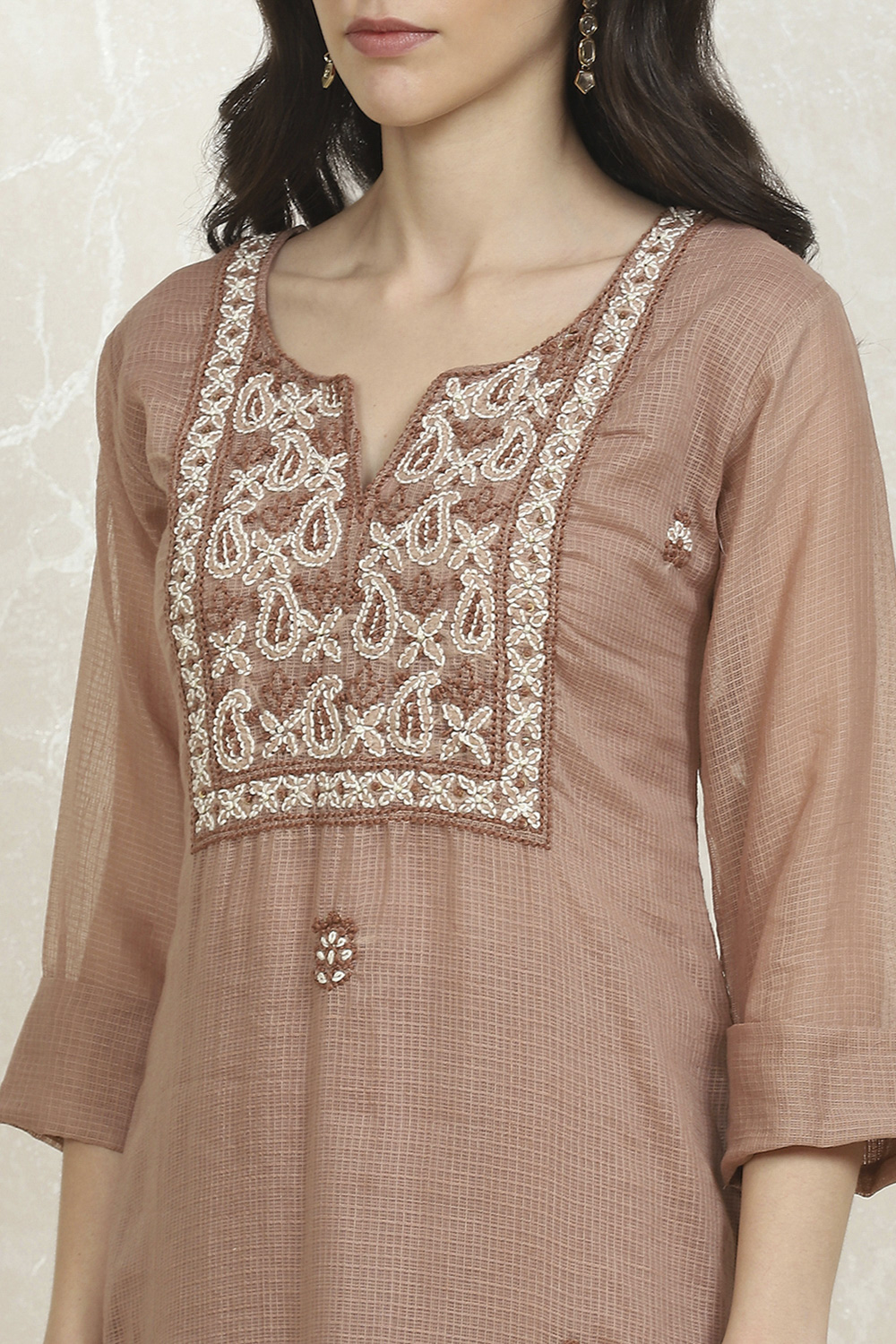 Brown Cotton Hand Embroidered Unstitched Suit Set image number 2