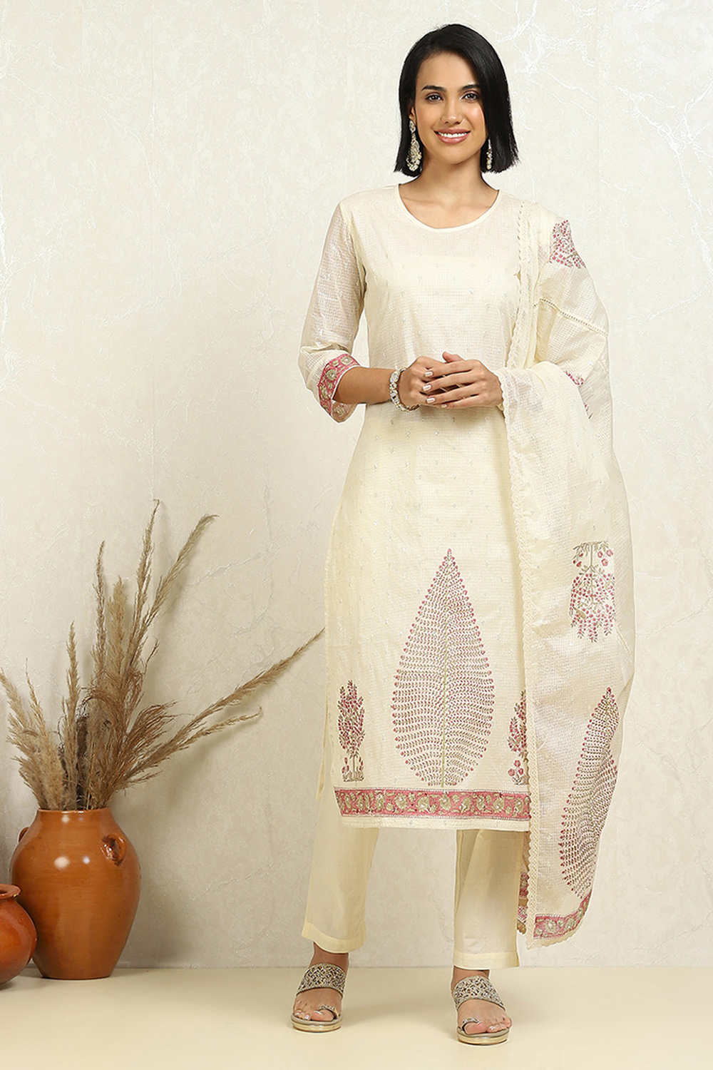 White Cotton Blend Hand Block Print Unstitched Suit Set image number 7