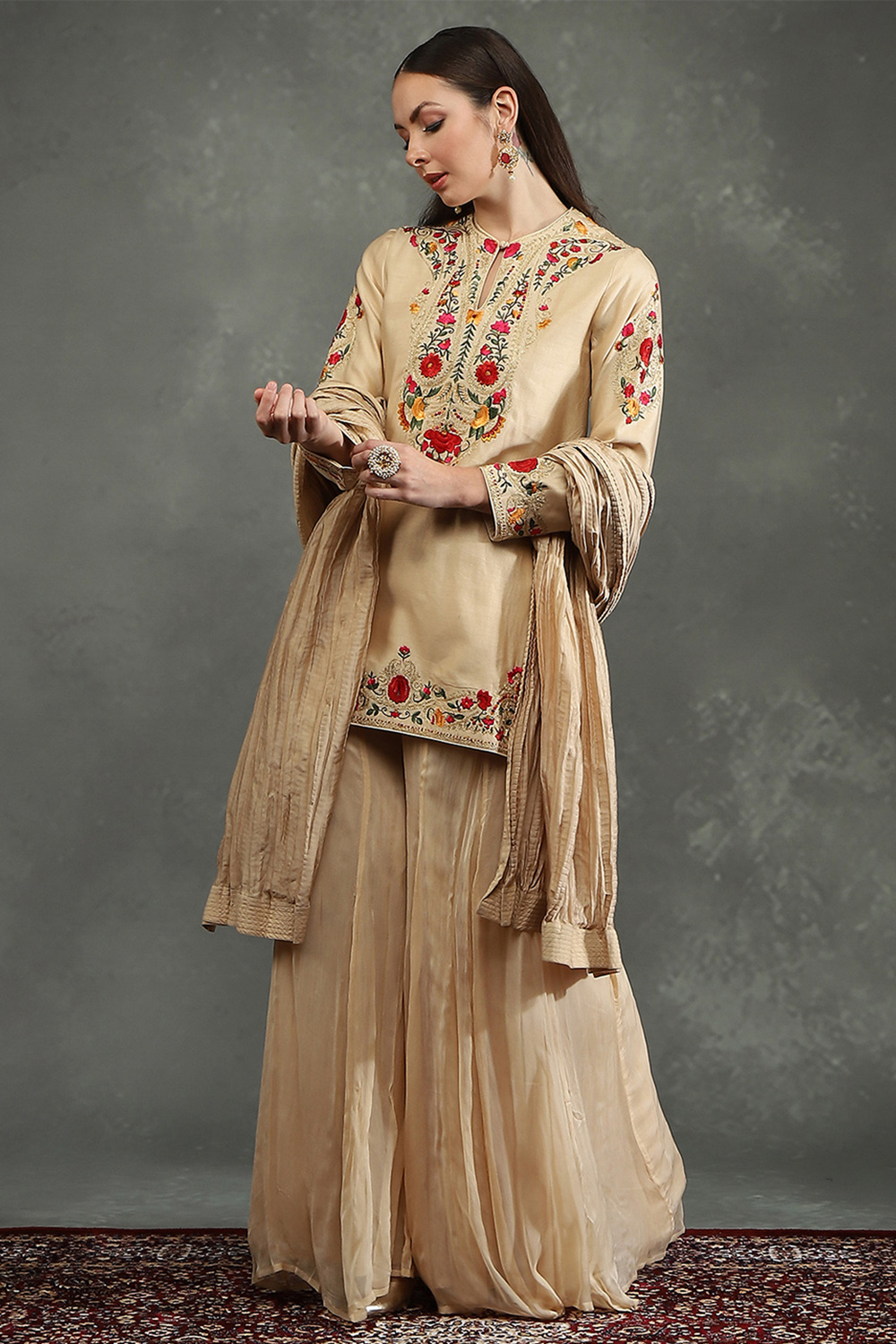 Rohit Bal Beige Silk Chanderi Floral Straight Suit Set image number 0