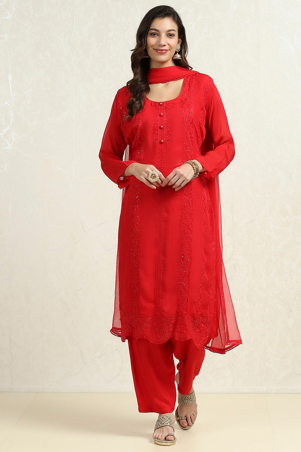 Red Organza Embroidered Unstitched Suit Set image number 7