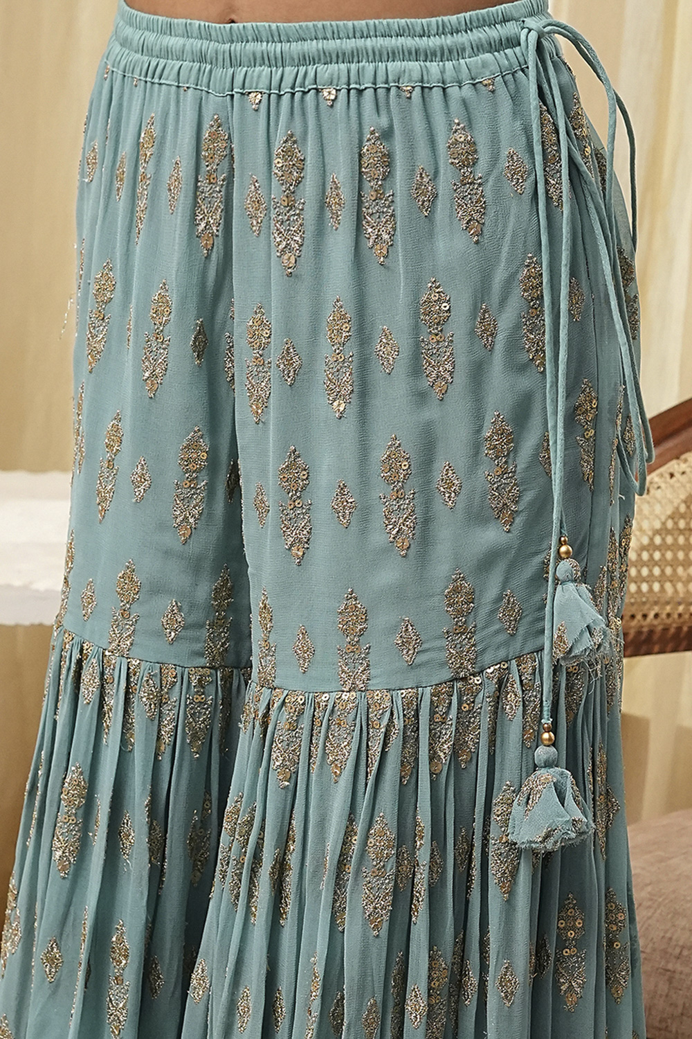 Powder Blue Embroidered Straight Suit Set image number 3