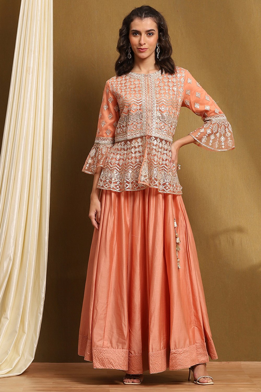 Peach Net Embroidered Peplum Kurta Lehenga Set image number 6