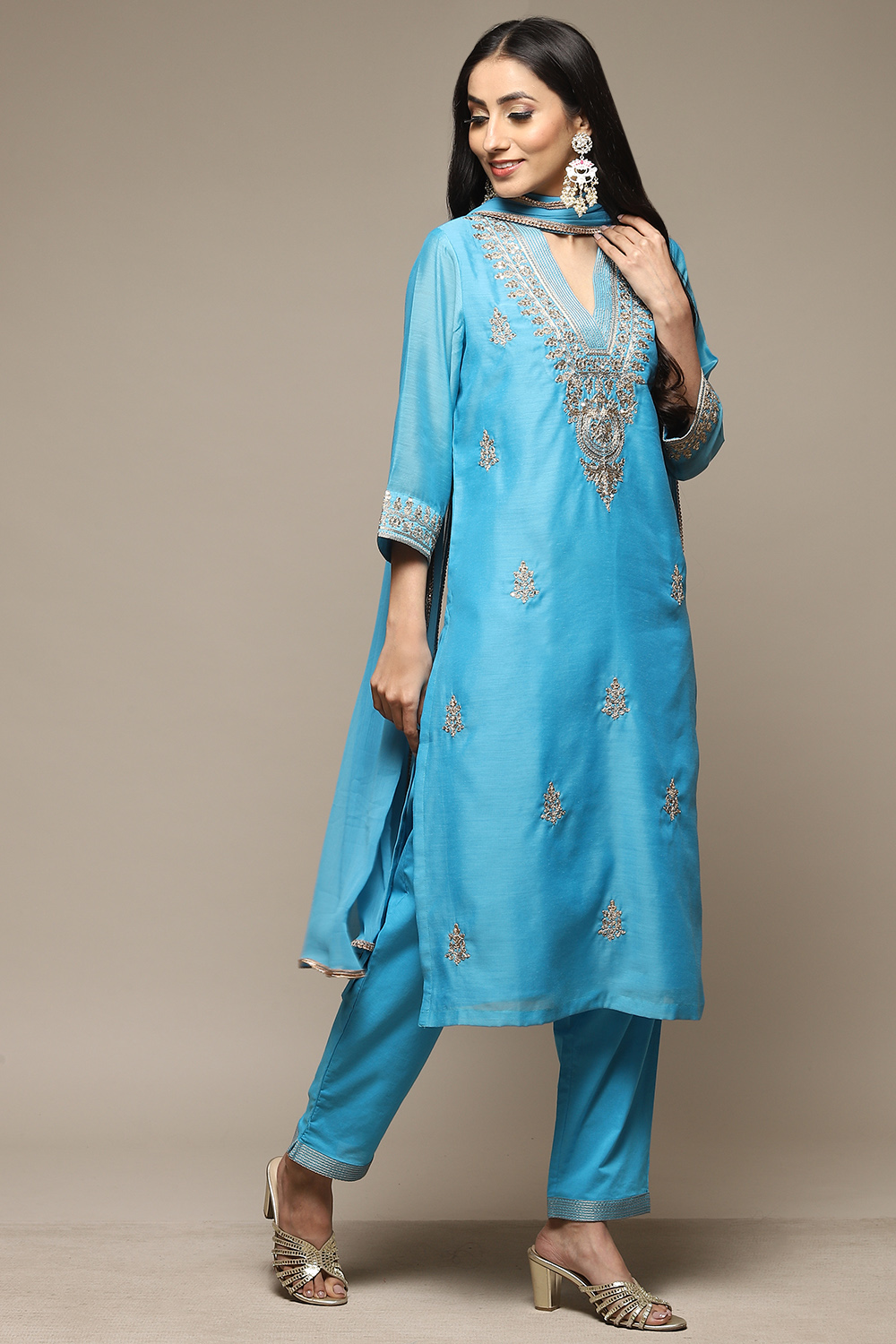 Electric Blue Cotton Blend Straight Kurta Pants Suit Set image number 6