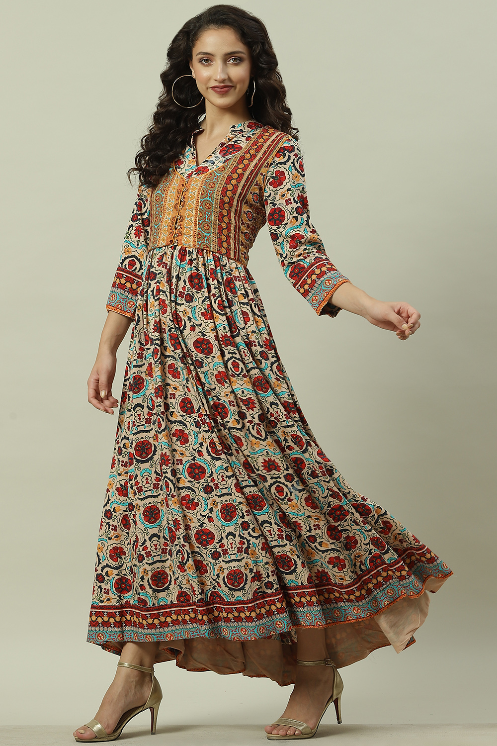 Ecru Rayon Flared Printed Dress Kurta, Jacket at Biba India