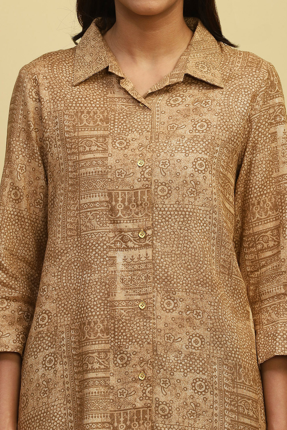 Beige Printed Shirt Style Straight Kurti image number 1