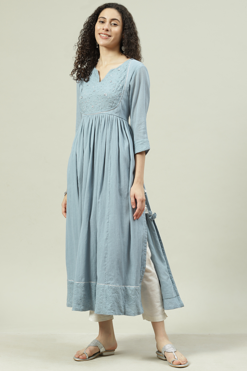 Blue Cotton Flared Solid Kurta Dress image number 2