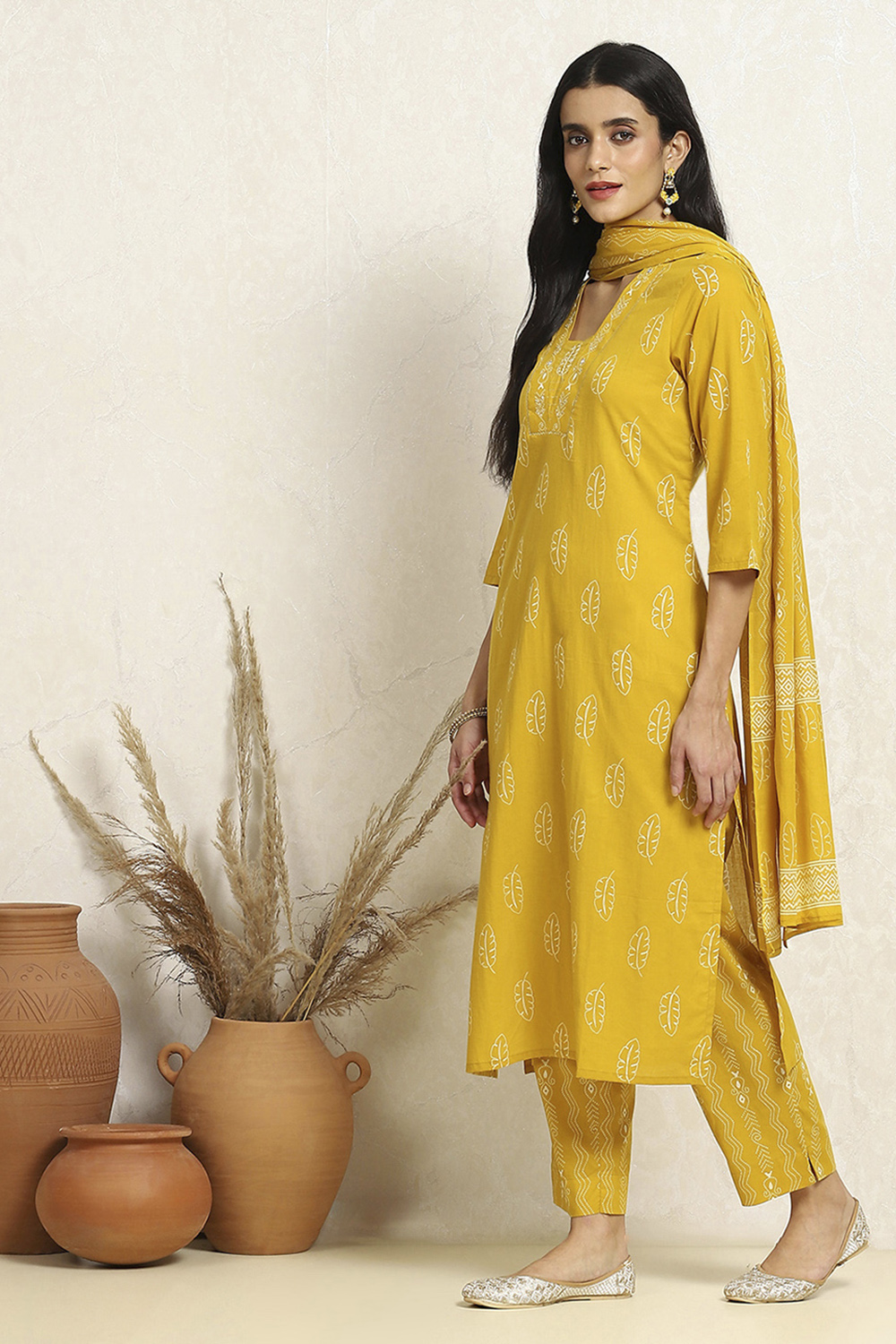 Mustard Yellow Cotton Printed Unstitched Suit Set image number 4