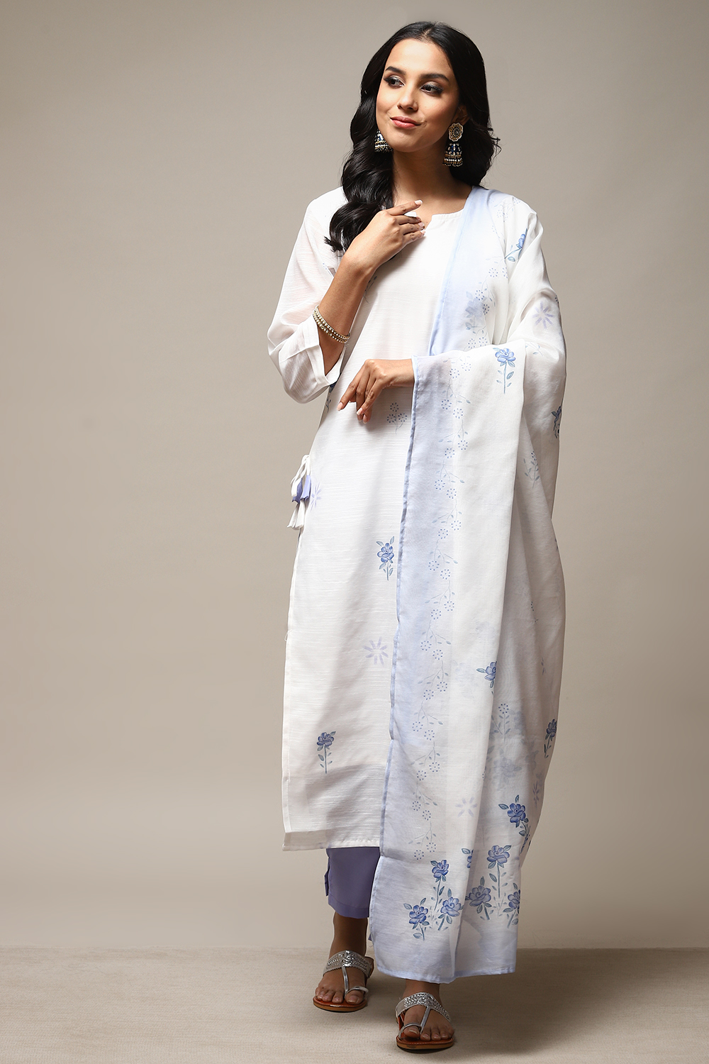 Blue Linen Digital Print Unstitched Suit Set image number 8