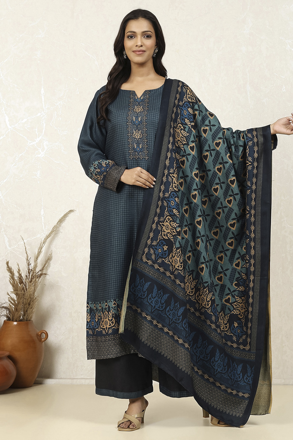 Blue Pashmina Machine Embroidery Unstitched Suit Set image number 1