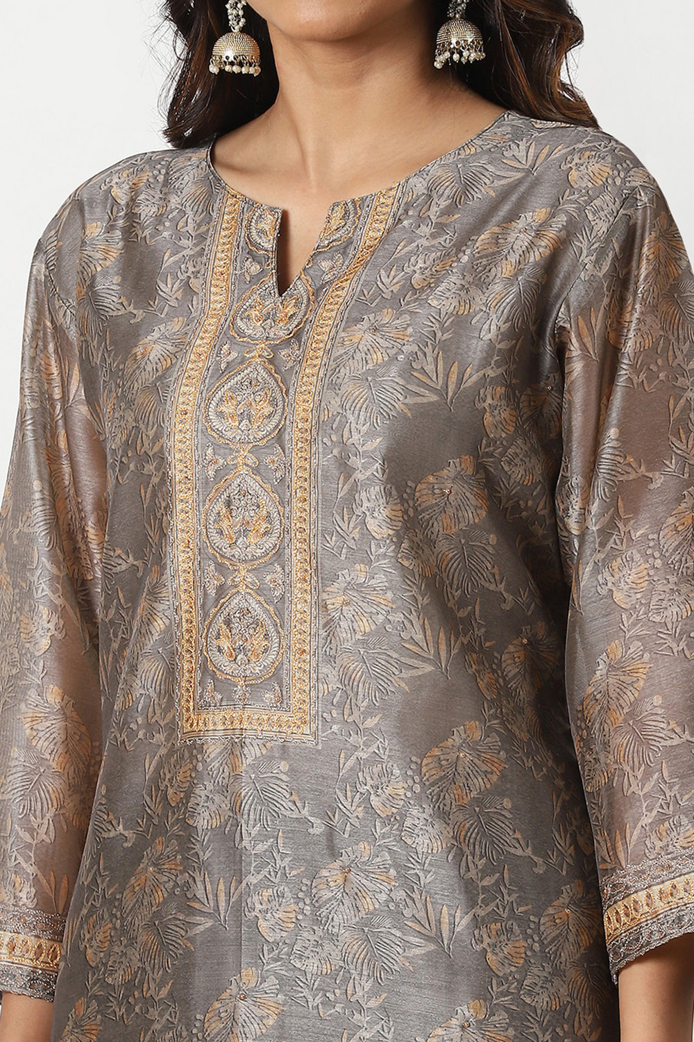 Grey Chanderi Printed Unstitched Suit Set image number 4