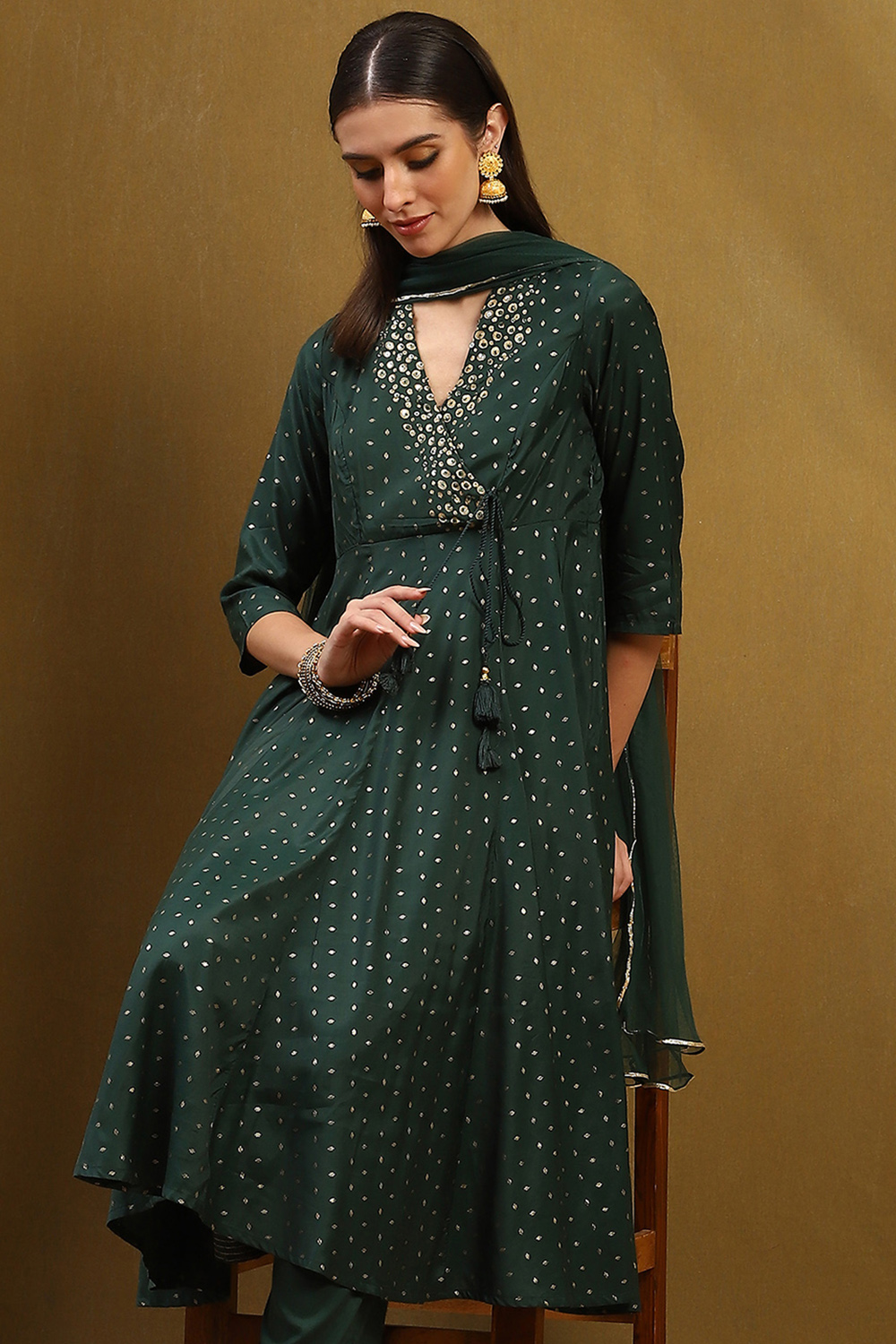 Dark Green Shantoon Anarkali Suit Set image number 1