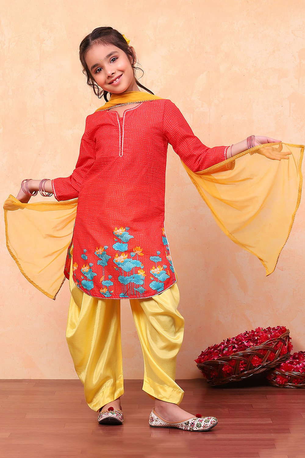 Red and Yellow Cotton Printed Straight Suit Set image number 0