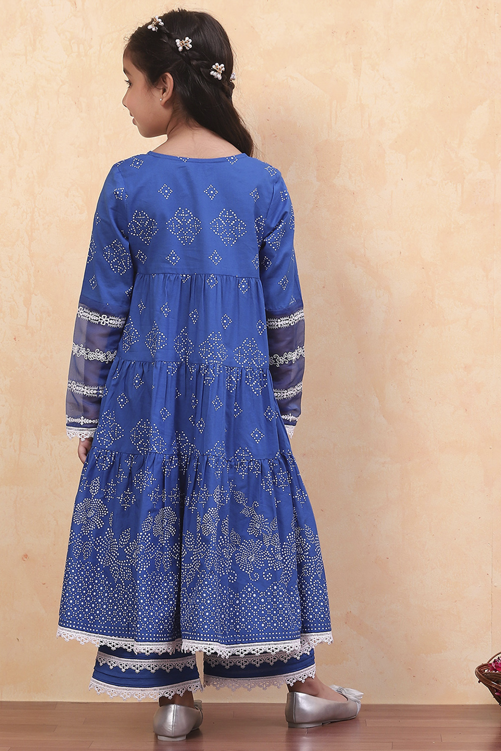 Blue Cotton Printed Flared Festive Tiered Suit Set image number 4