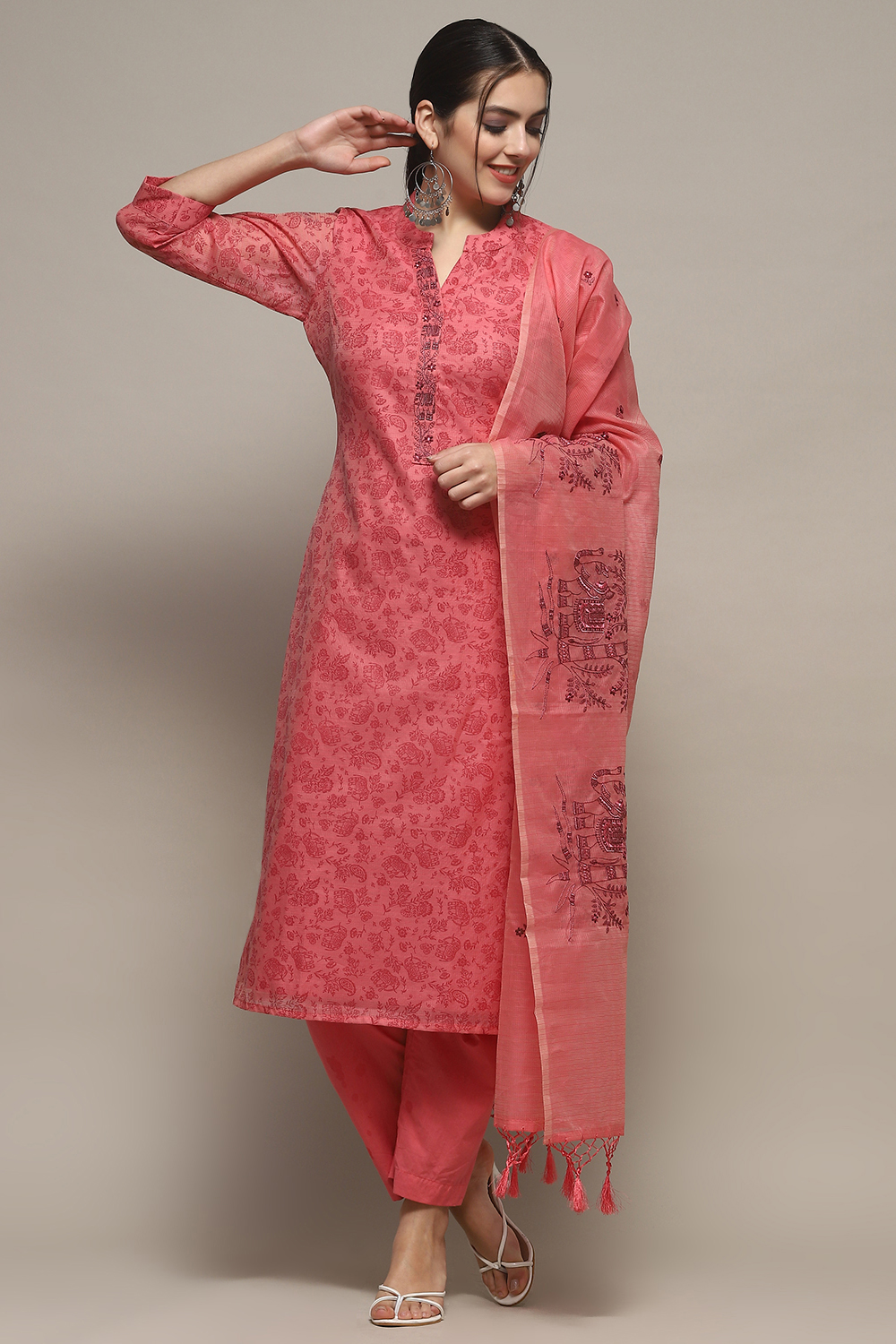 Pink Cotton Blend Unstitched Suit set image number 1