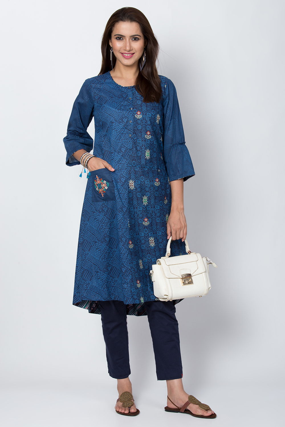 Indigo Cotton A-Line Printed Kurta image number 4