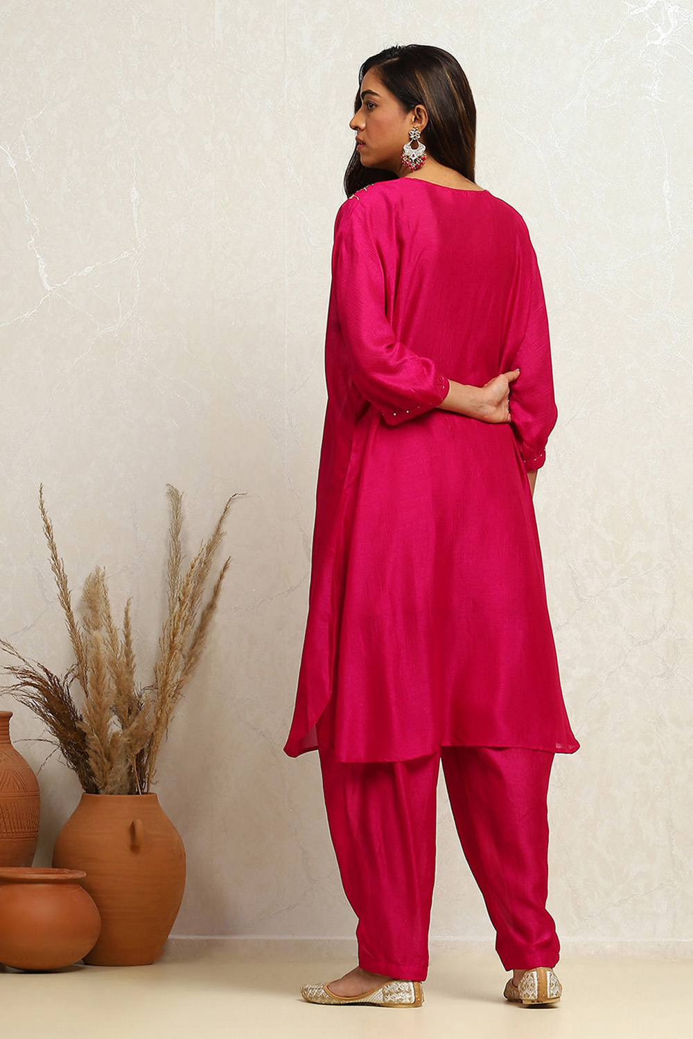 Fuchsia Solid Festive Straight Kurta Set image number 4