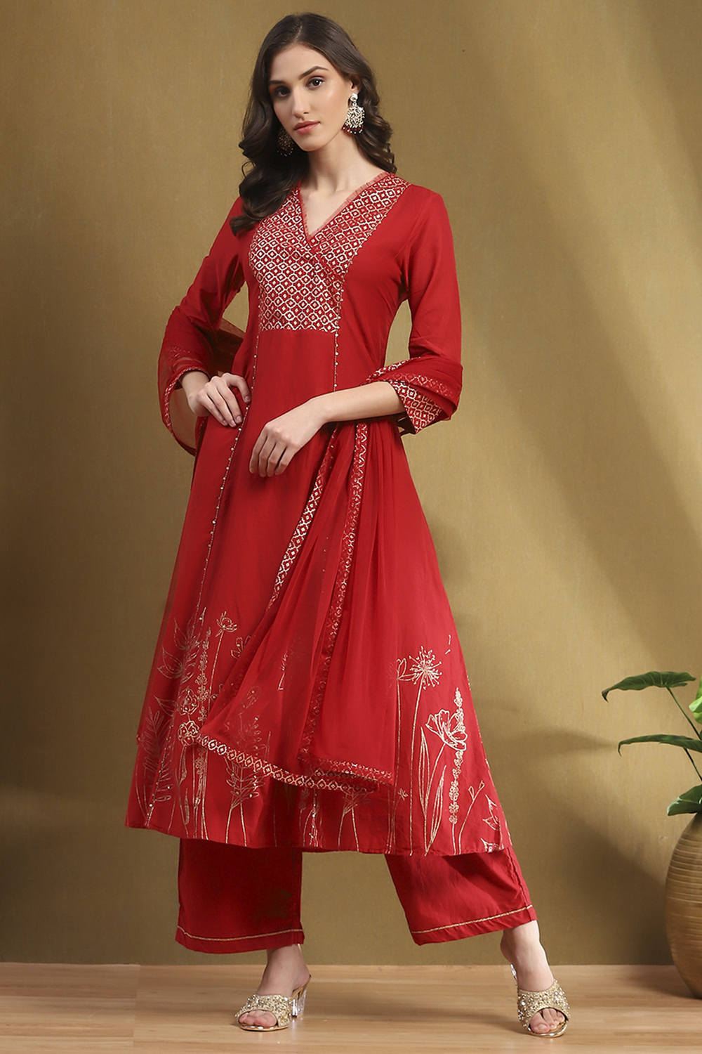 Red Cotton Printed Festive A-Line Suit Set image number 0