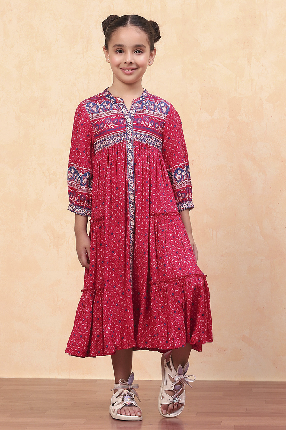 Pink Bandhani Printed Flared Tiered Dress image number 5