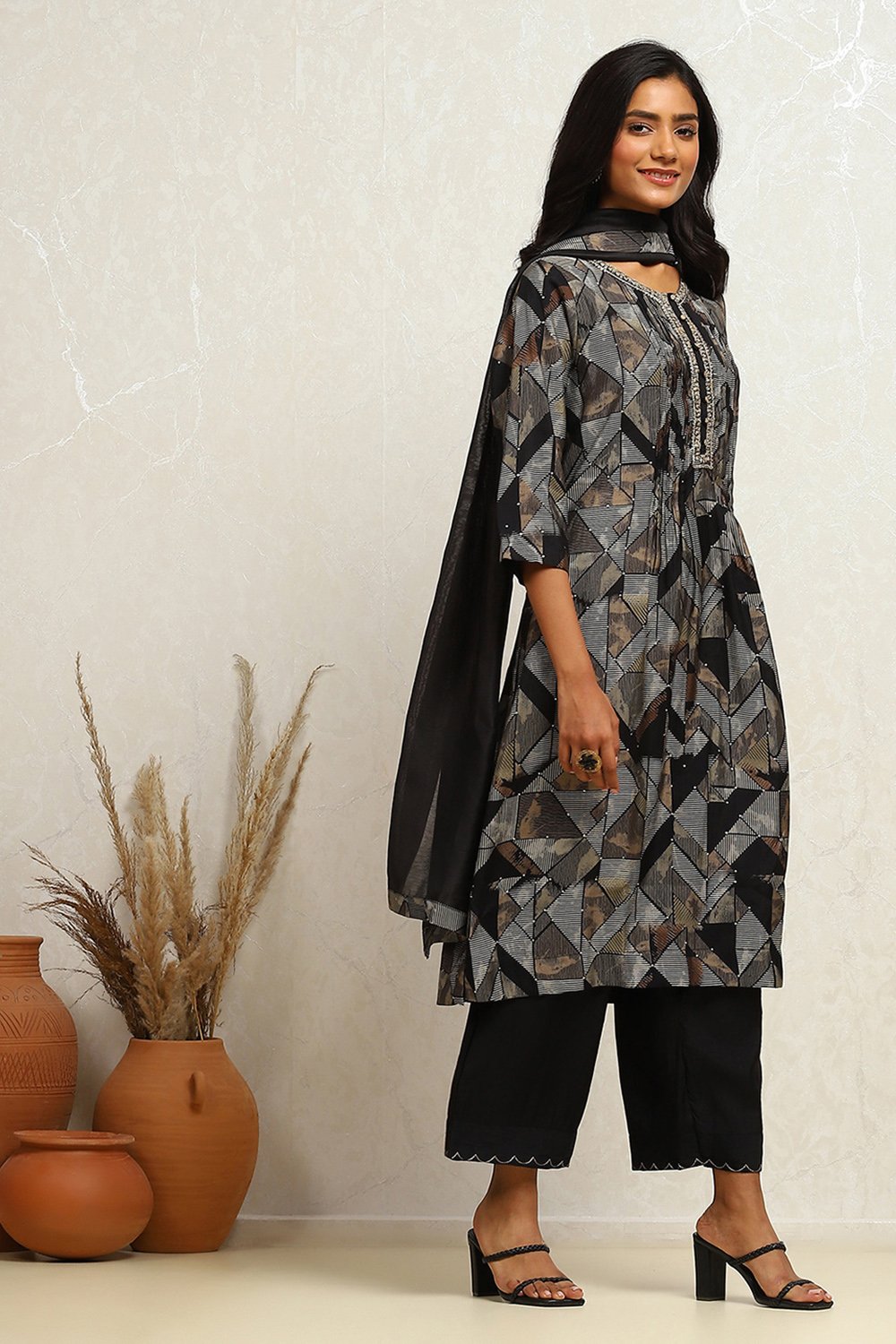 Black Modal Chanderi Printed Gathered A-line Suit Set image number 5