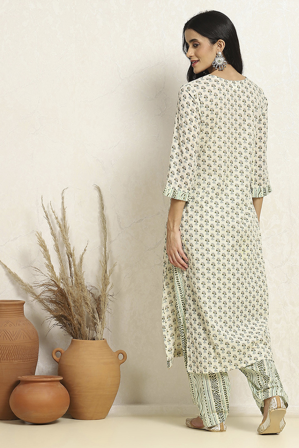 White and Green Cotton Printed Unstitched Suit Set image number 5