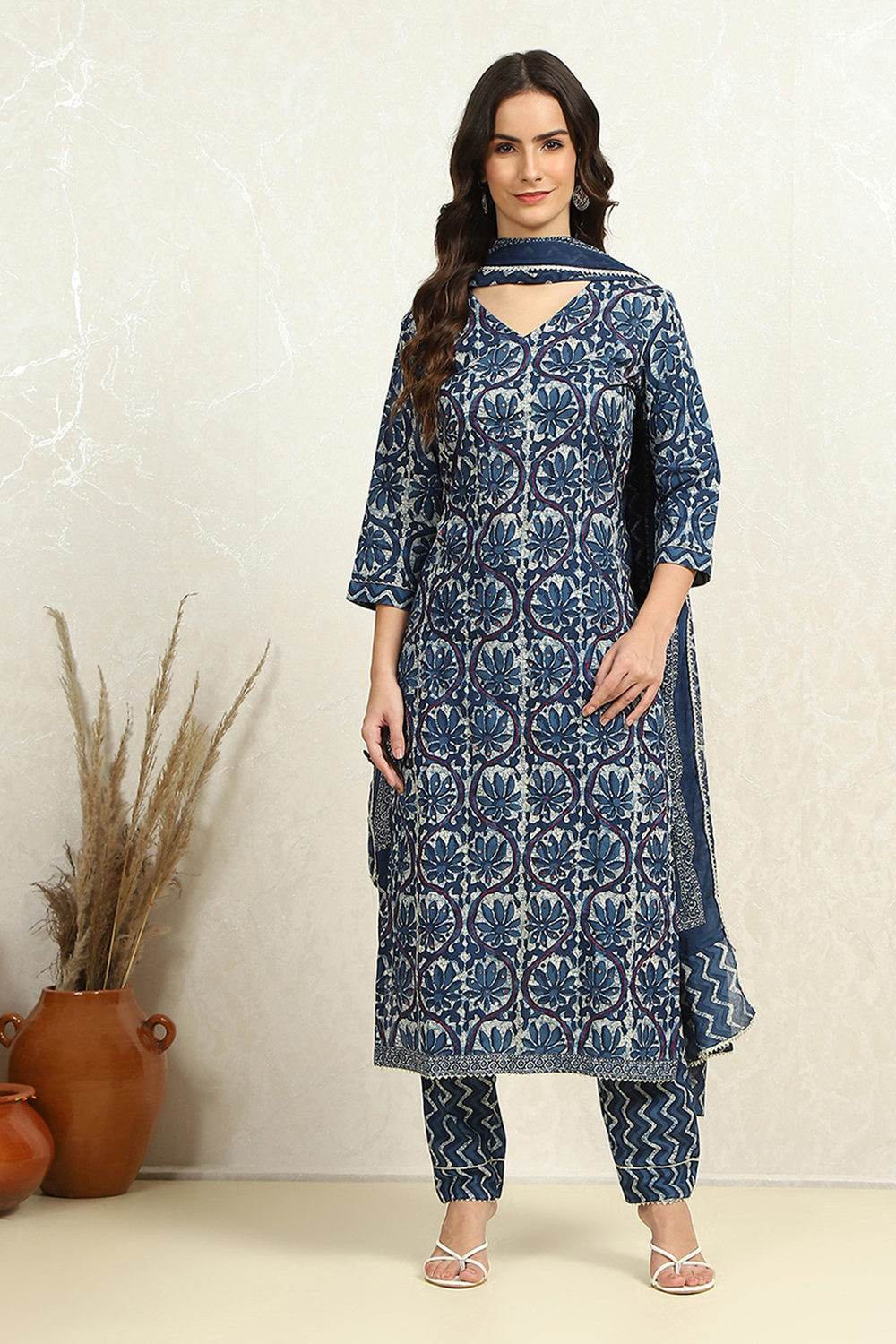 Indigo Cotton Floral-Dyed Unstitched Suit Set image number 1