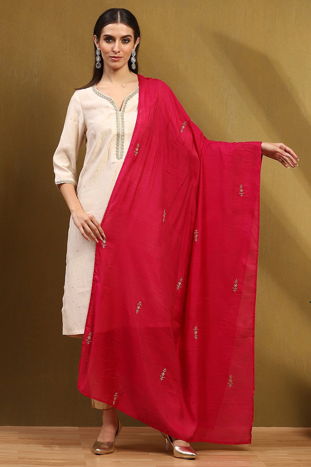 Off White Polyester Dupatta image number 4