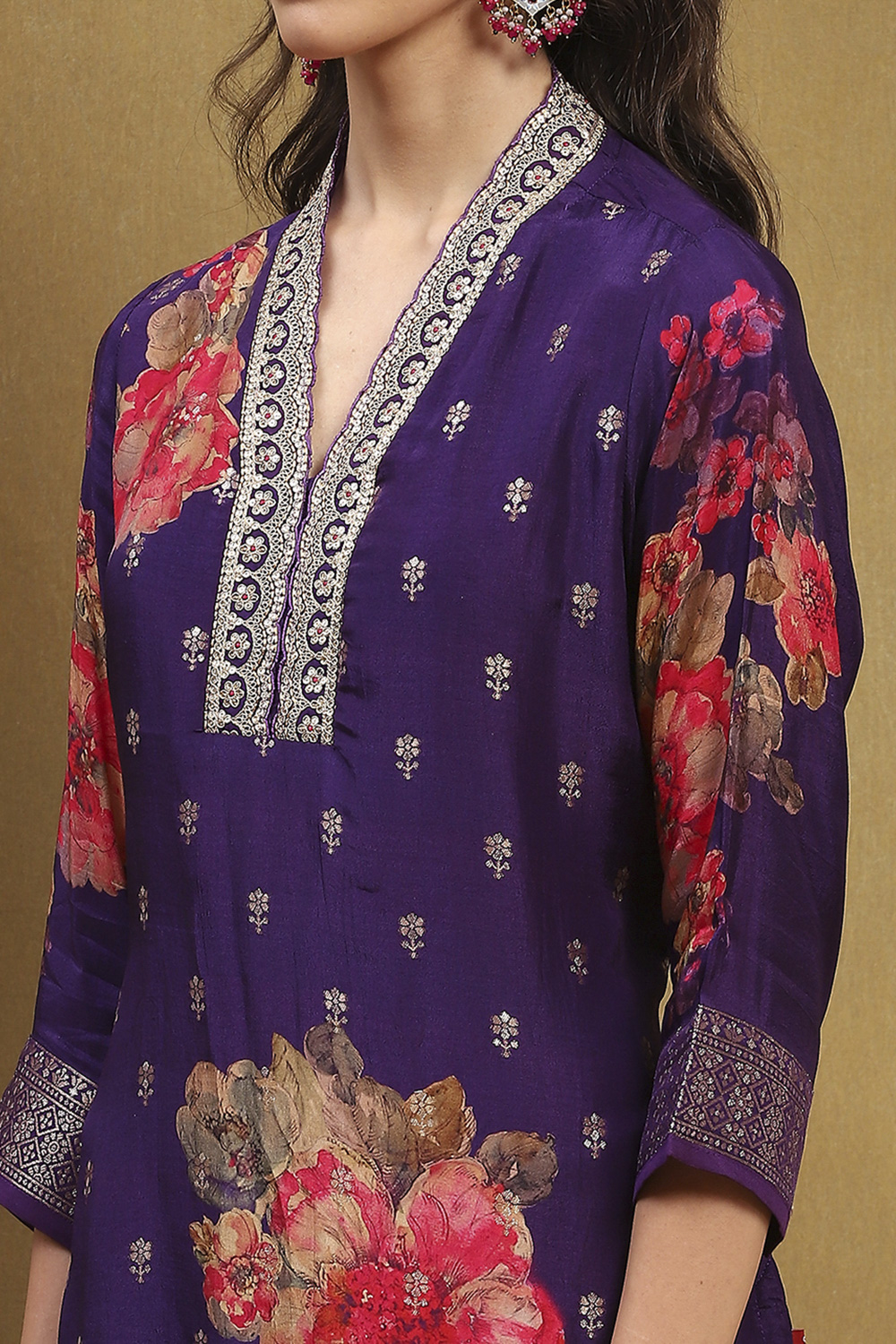 Purple Viscose Blend Yarn Dyed Floral Straight Suit Set image number 1