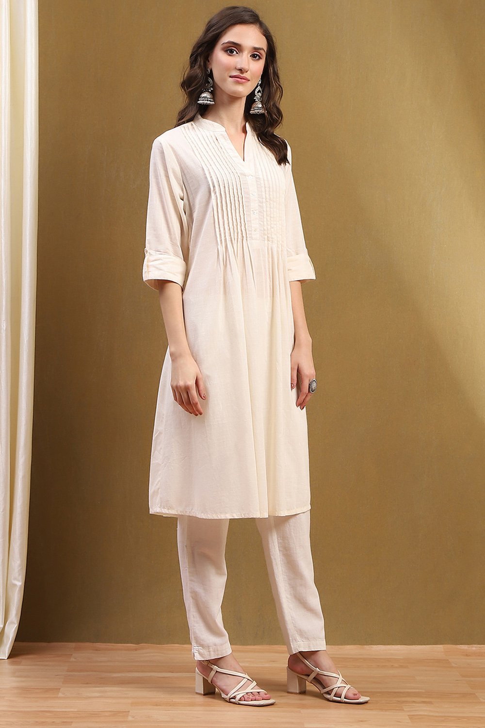 Pink Cotton Solid Pleated A-Line Kurta image number 4