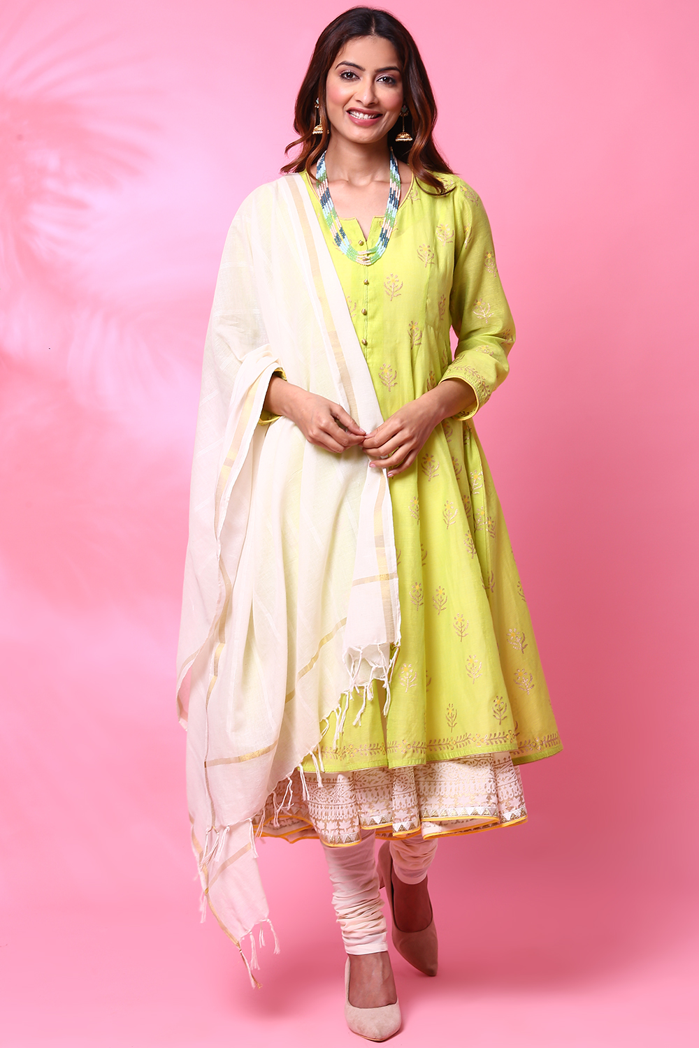 Lime Green Double Flared Kurta Churidar Suit Set image number 0