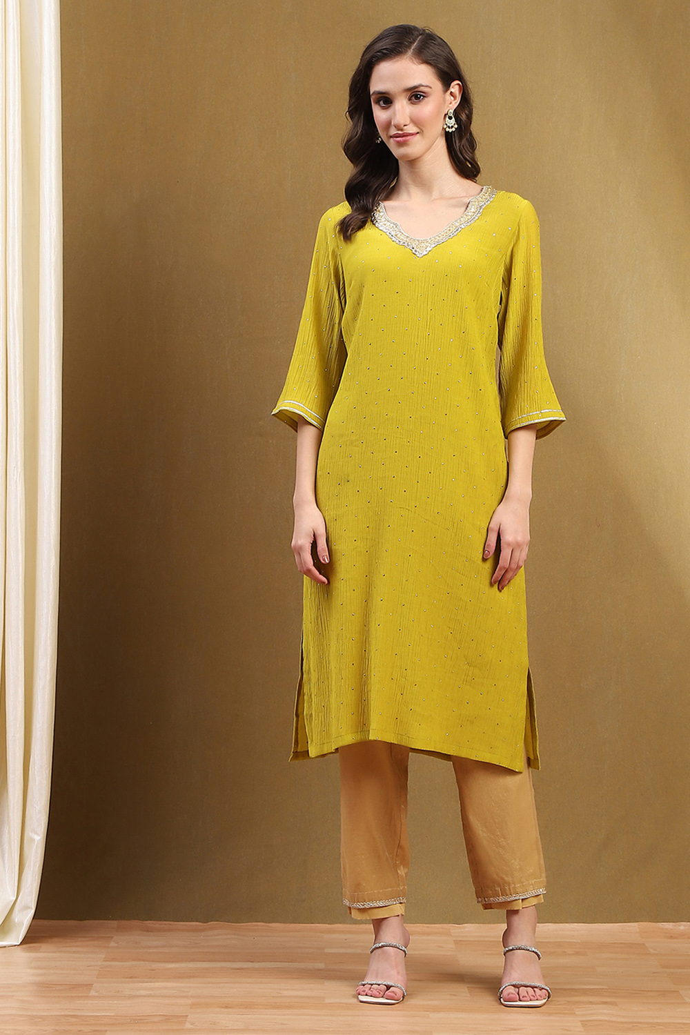 Mustard Yellow Viscose Blend Straight Festive Kurta image number 5