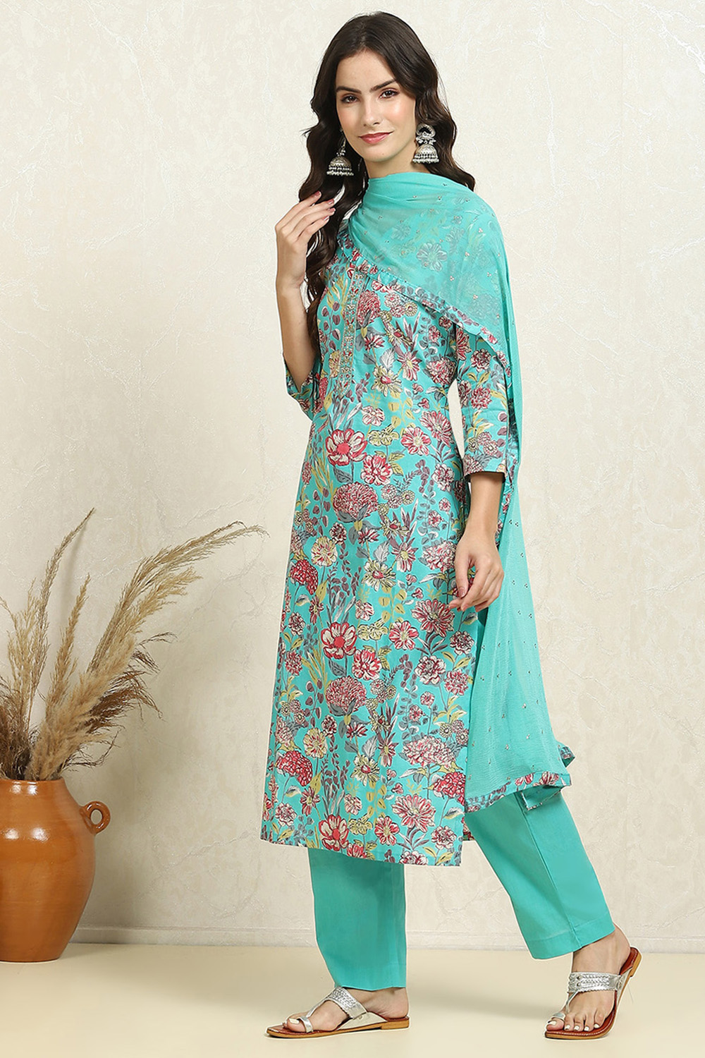 Green Cotton Printed Unstitched Suit Set image number 4