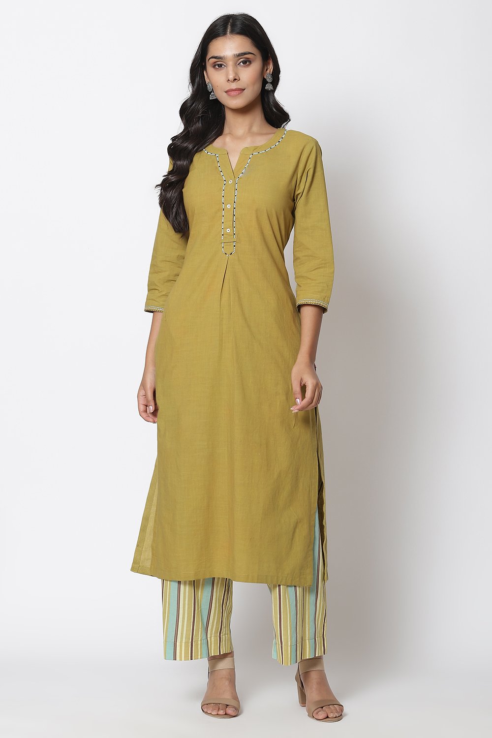 Olive Green Viscose Straight Kurta Palazzo Suit Set image number 0