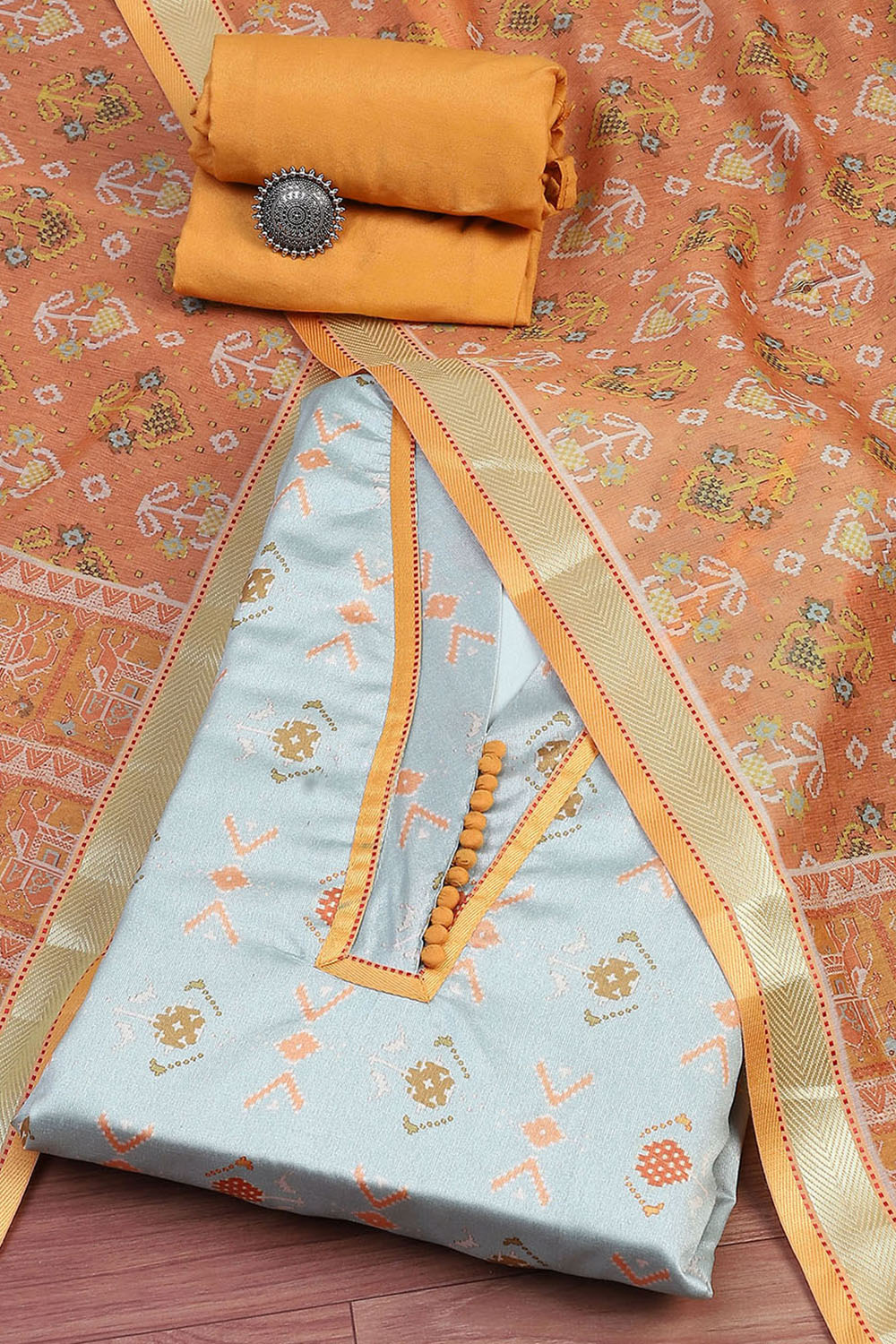 Pink Cotton Handloom Unstitched Suit Set image number 0