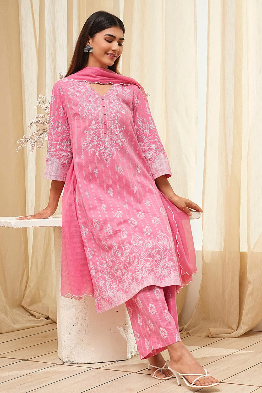 Pink Cotton Straight Suit Set image number 0