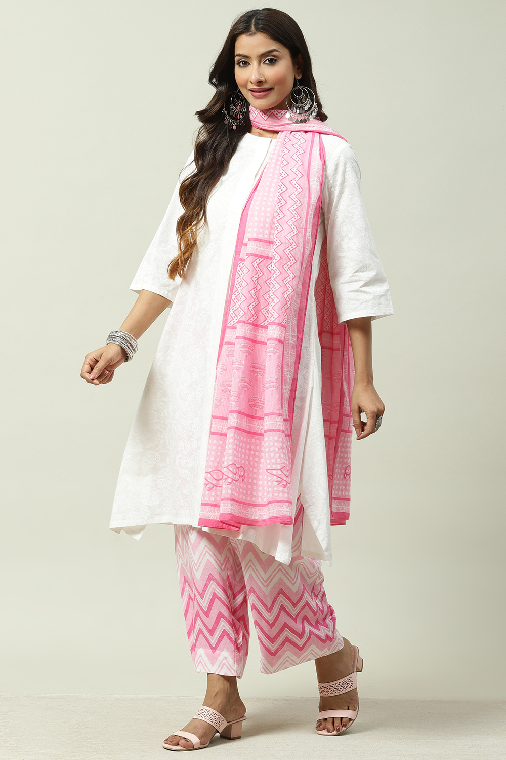 White and Pink Cotton Straight Kurta Palazzo Suit Set image number 5