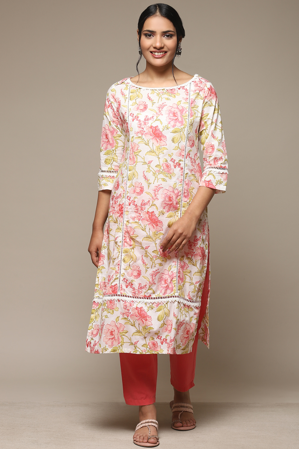 Pink Cotton Straight Printed Kurta image number 4