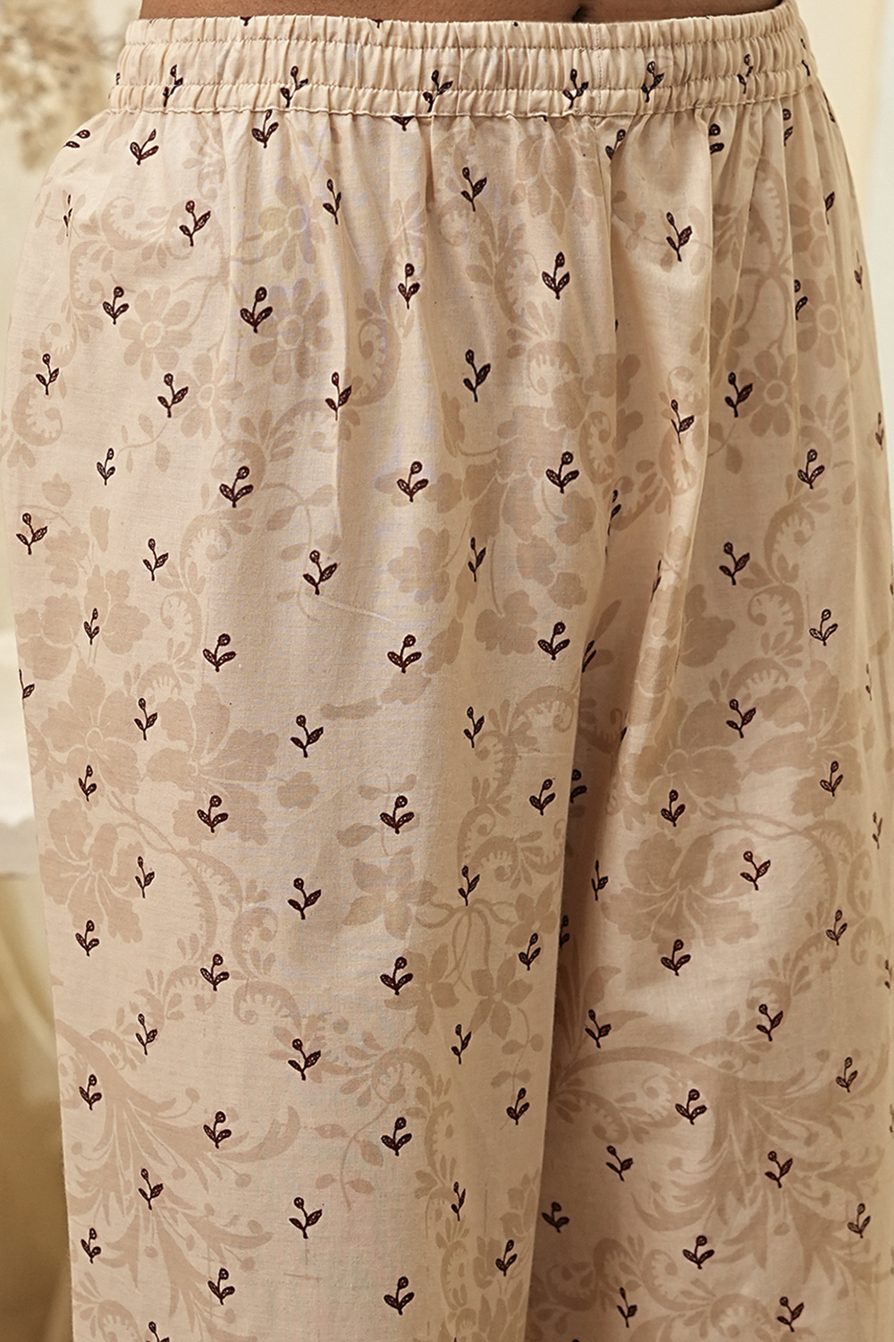 Beige and Brown Pure Cotton Printed Kurta Set image number 2