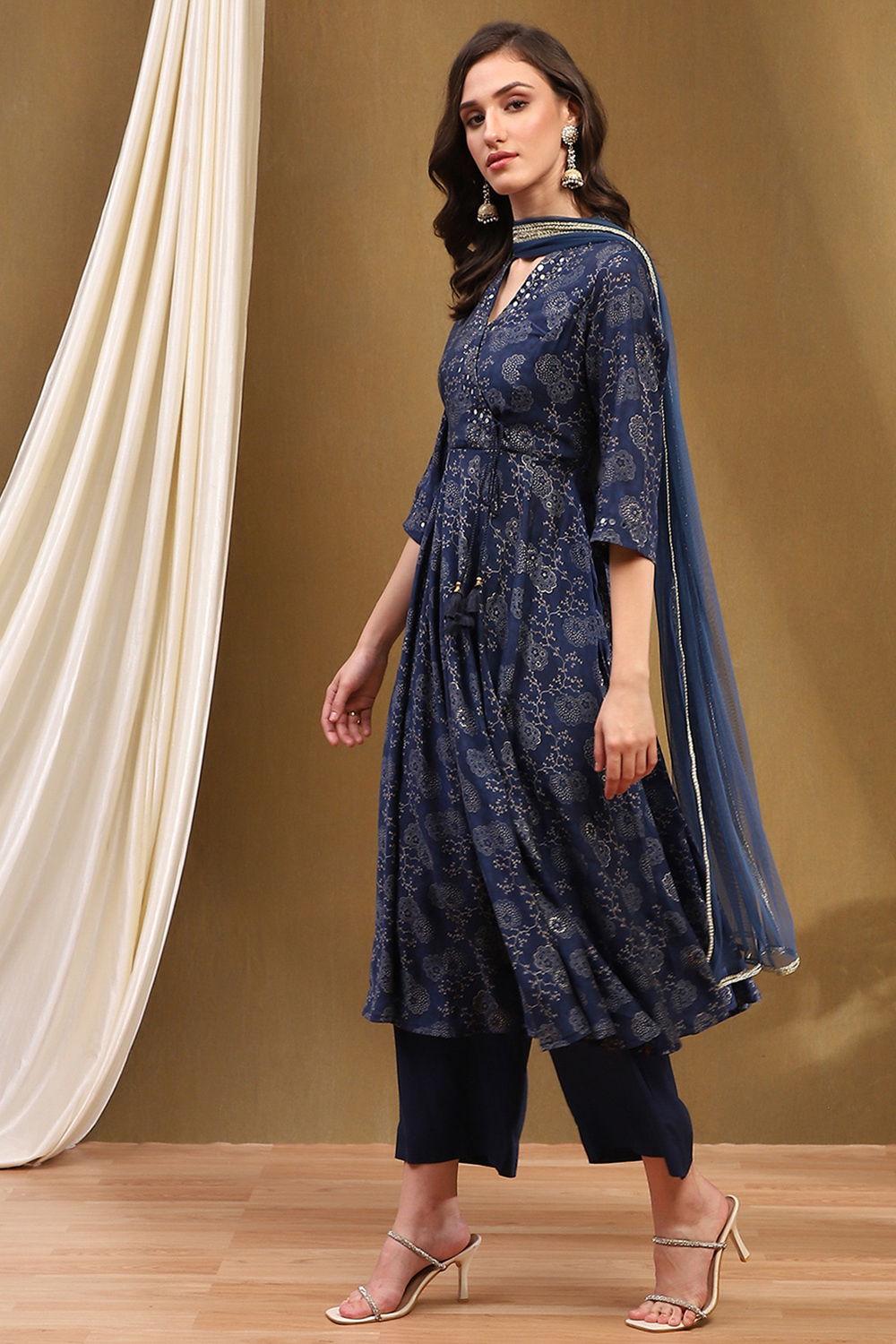 Navy Blue Printed Angrakha Style Anarkali Suit Set image number 3