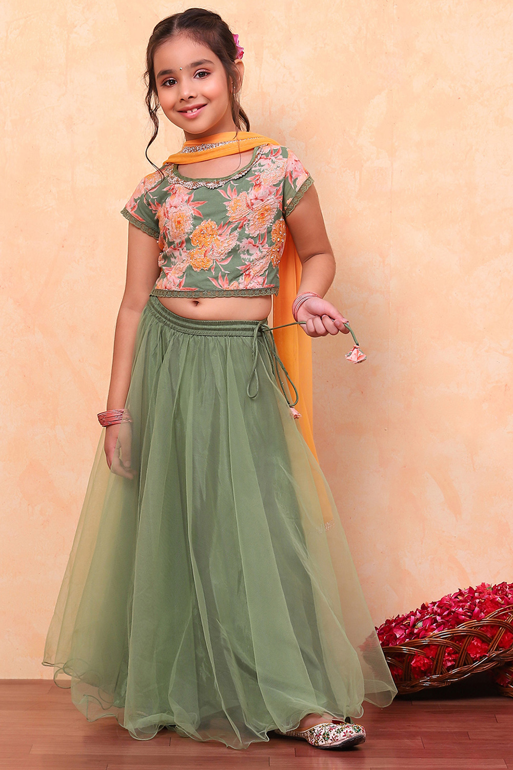 Green Floral Festive Flared Lehenga Set image number 6