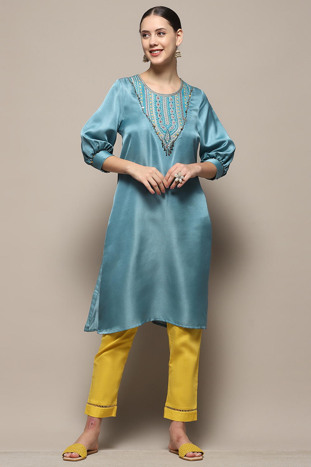 Smoky Blue Straight Regular Fit Festive Kurta image number 5