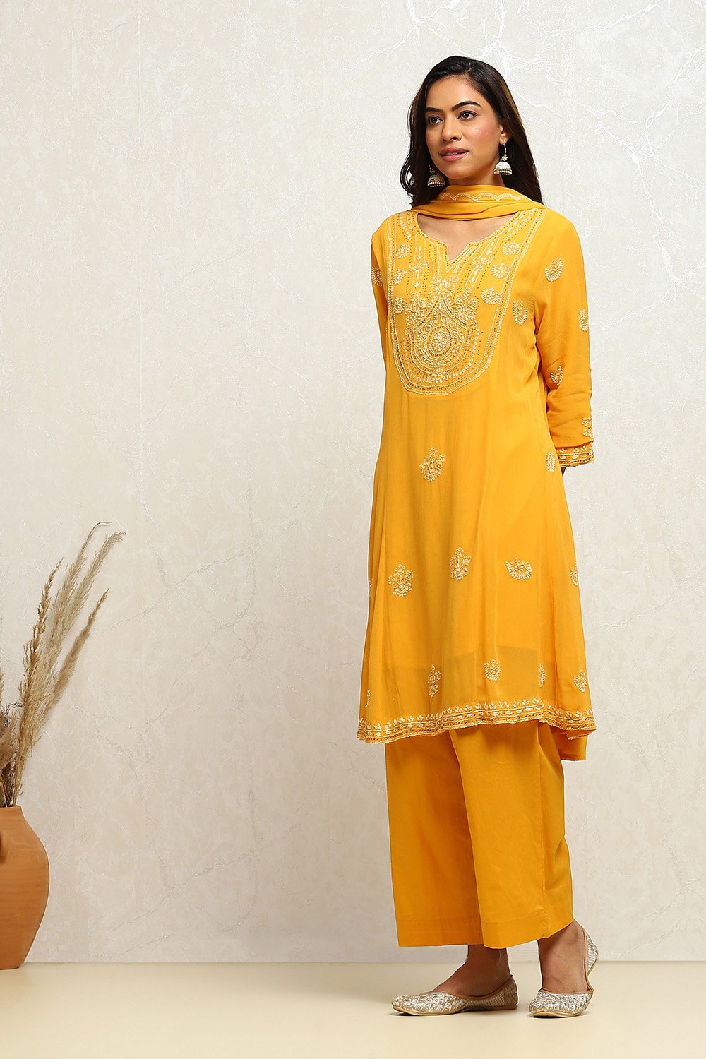 Yellow Embroidered Kalidar Suit Set image number 3